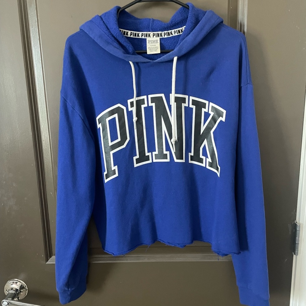 PINK Victoria’s Secret Blue Black White Logo Cropped Hoodie Size Medium
